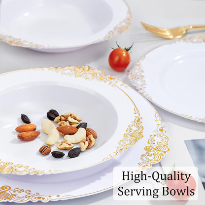 Nervure 50PCS White Plastic Bowls with Gold Rim - 12oz Disposable Soup Bowl