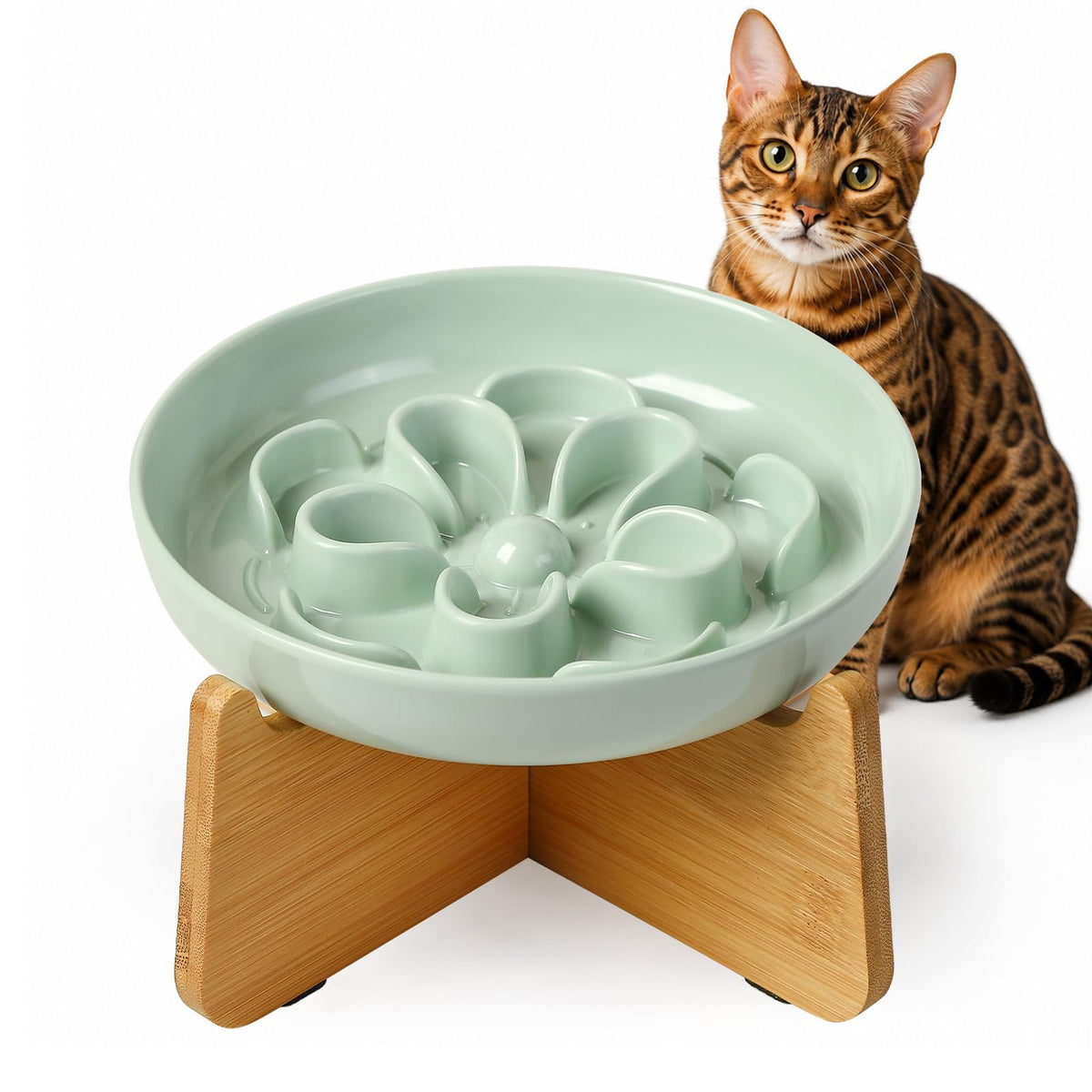 Melamine Cat Slow Feeder Bowl Set - Floral Maze Food Dishes for Cats and Small Dogs - Shallow Wide Plates for Dry & Wet Food - 3 Pack - White & Green & Blue