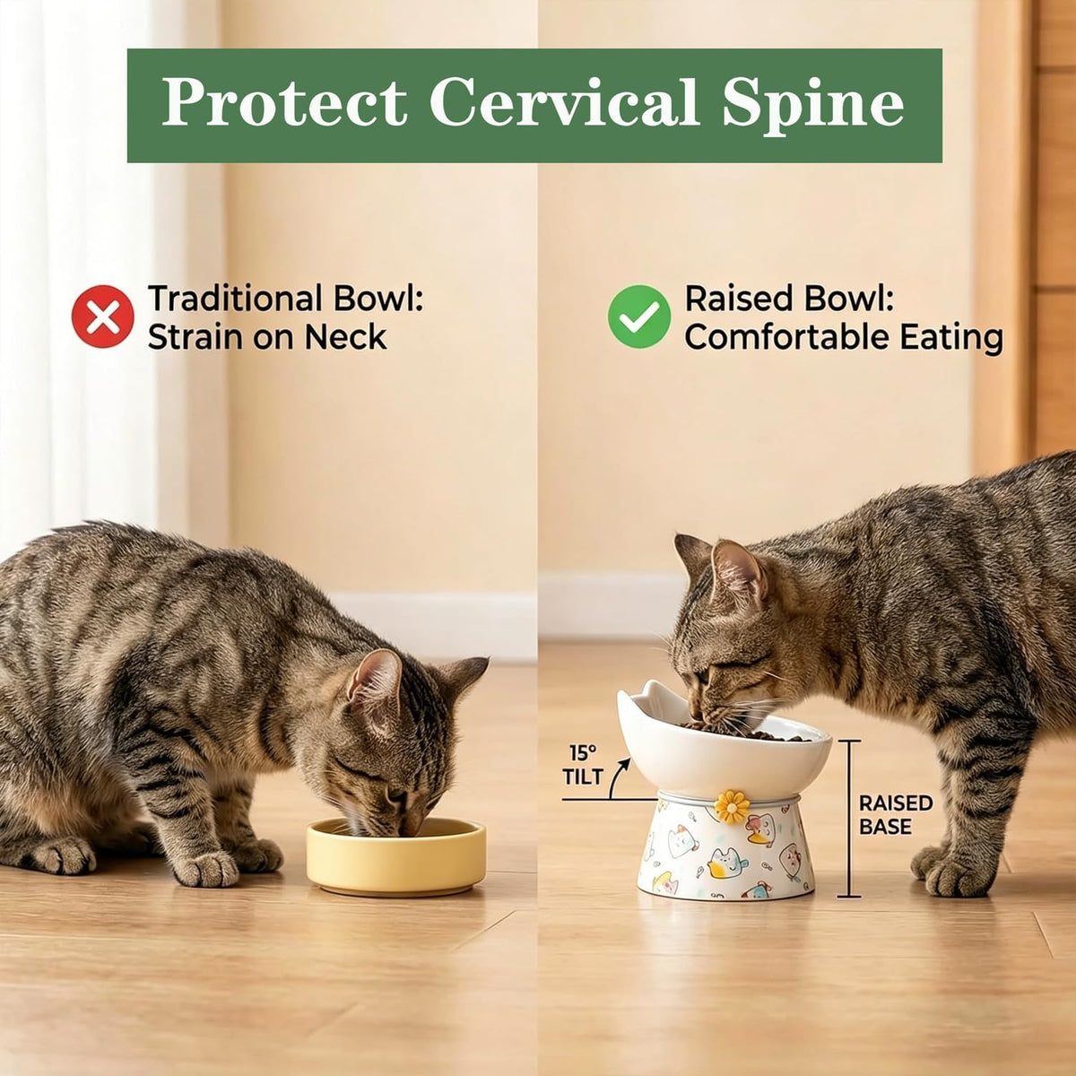 Elevated Ceramic Cat Bowls，15° Tilted Raised Cat Food Bowl, Anti Vomiting Pet Feeder, Protect Pet's Spine, Feeding Dish for Indoor Kittens and Small Dogs,（ Cat Pattern）