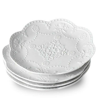 Neaylfe Ceramic Dinner Plates Set of 6, 10 inch Oval Embossed White Plates for Salad, Dessert, Appetizer, Steak, Large Flat Serving Plates for Kitchen, Restaurant, Parties