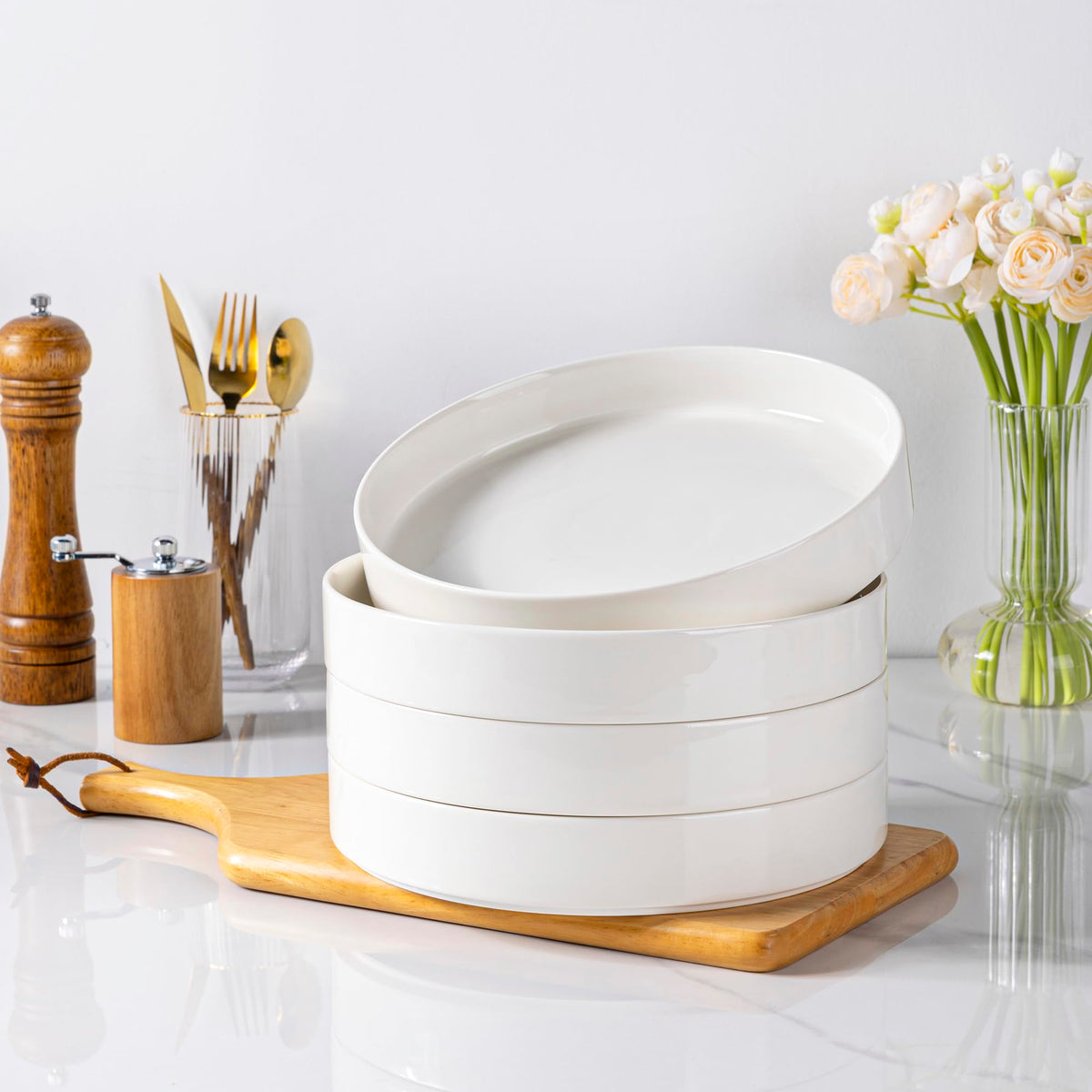 LERATIO 9.0" Ceramic Pasta Bowls Set of 4,38oz Large Stoneware Bowls Set
