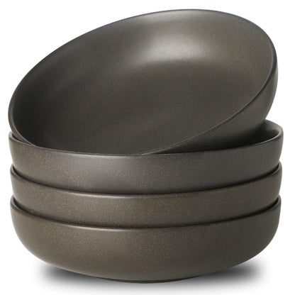 Stoneware Pasta Bowls, 34 oz Large Salad Bowl Set of 4, Ceramic Serving Bowls for Ramen, Pasta, Fruit, Cereal, Dinner, Wide and Shallow Bowls, Microwave & Dishwasher Safe, Matte Black