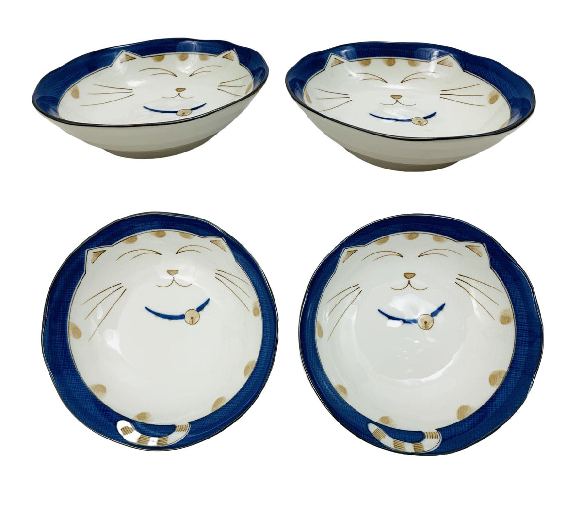 JapanBargain 2562, Japanese Porcelain Soup Bowls Shallow Bowl for Cereal Rice Salad Appetizer and Dessert, Blue Color Maneki Neko Smiling Lucky Cat Pattern, Made in Japan, 6-1/2 inch, Pack of 2