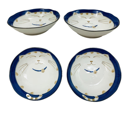 JapanBargain 2562, Japanese Porcelain Soup Bowls Shallow Bowl for Cereal Rice Salad Appetizer and Dessert, Blue Color Maneki Neko Smiling Lucky Cat Pattern, Made in Japan, 6-1/2 inch, Pack of 2