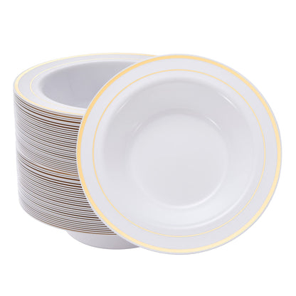 N9R 30PCS Disposable Plastic Soup Bowls, 12 oz Fancy White Gold Relief Bowl