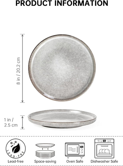 Henten Home Ceramic Dessert Plates, 8 Inch Porcelain Salad Plates Set of 4, Fluted Round Snack Plates for Kitchen, Cake Serving Stoneware Dishes, Reactive Glaze, Scratch Resistant (Grey)