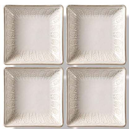 Artena Ceramic Square Dessert Plates Set of 4, 6 Inch Embossed Appetizer Plates for Snack, Bread, Sauce & Side Dish – Microwave & Dishwasher Safe, Scratch Resistant, White, Damask Floral