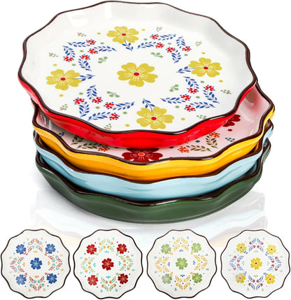 Pumtus 4 Pack Ceramic Dessert Plates, 7.5 Inch Small Floral Dinner Appetizer Plate, Lunch Salad Serving Dishes, Vintage Flat Pasta Bowl for Steak Fruit Pizza, Dishwasher & Microwave Safe