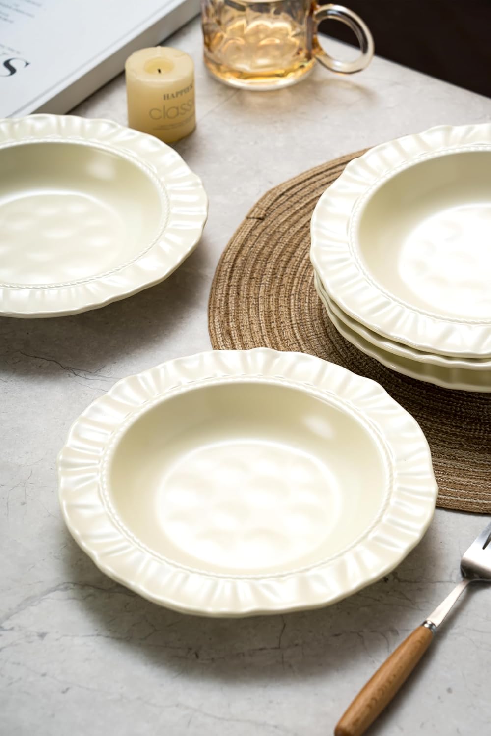 8.6" Ceramic Wide Rim Soup Bowls Set of 2, Cream Color Embossed