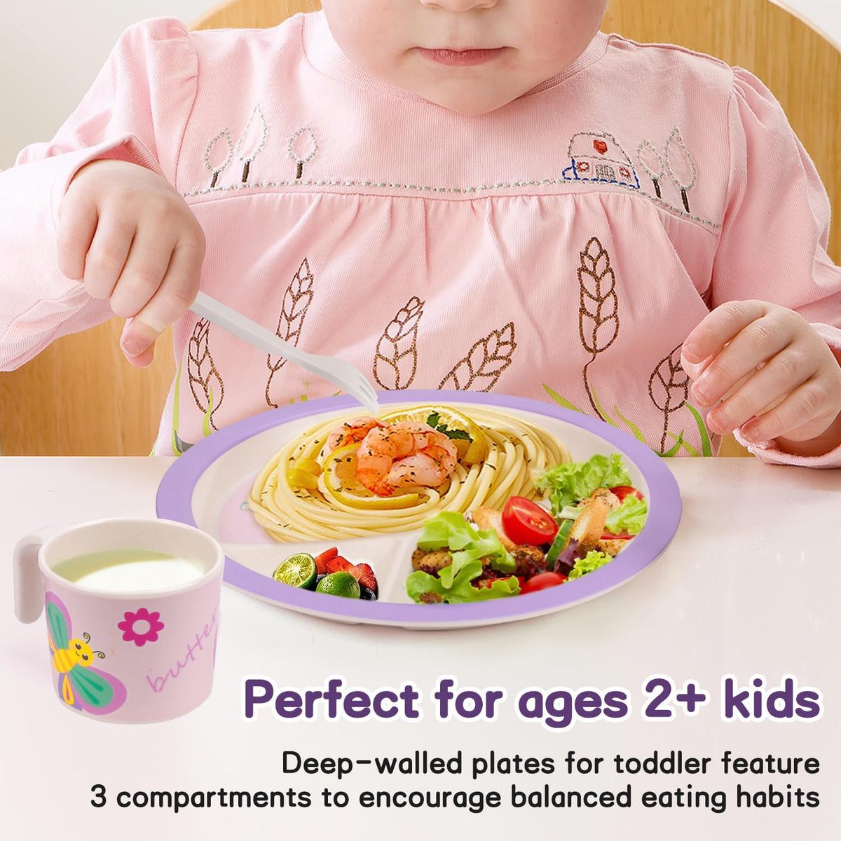 Kids Dinnerware Set, Includes Toddler Plate Bowl Tumbler and Utensils, BPA Free Bamboo Fiber Material Perfect for Little Girls (Purple - Butterfly Theme)