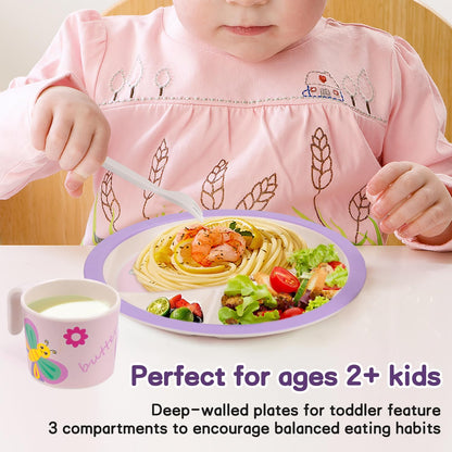 Kids Dinnerware Set, Includes Toddler Plate Bowl Tumbler and Utensils, BPA Free Bamboo Fiber Material Perfect for Little Girls (Purple - Butterfly Theme)