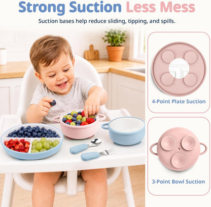 Daximo 8 Pcs Ceramic Baby Plates Set with Suction Sleeves, Spoons & Forks