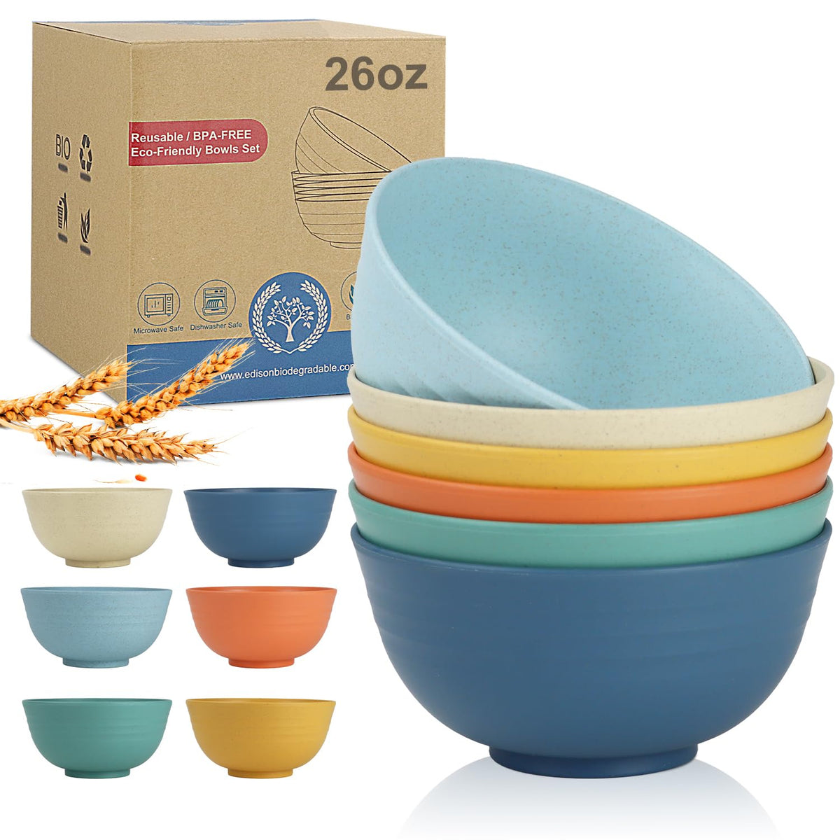 Wrova Wheat Straw Bowls Set 60 OZ Unbreakable Large Cereal Bowls Set of 6 Microwave and Dishwasher Safe Bowls Big Bowls for Camping and Picnic BPA Free Soup Bowl for Serving Oatmeal and Salad. Black