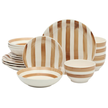 Gibson Home Cloudlight 12 Piece Plates and Bowls Dishes Brown and White - Decorated Porcelain Ceramic Dinnerware Set - Service for 4