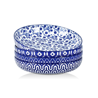 Selamica Porcelain 26 Ounce Pasta Bowls Set of 6, 8 inch Wide and Shallow Salad Bowls, Serving Bowls, Microwave & Dishwasher Safe, Sturdy & Stackable, Vintage Blue