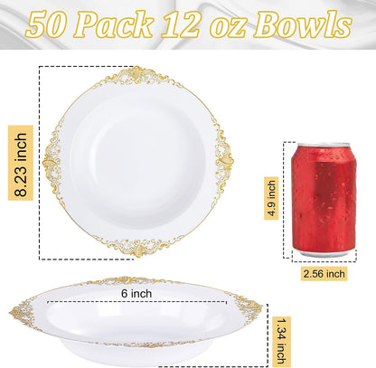 Nervure 50PCS White Plastic Bowls with Gold Rim - 12oz Disposable Soup Bowl