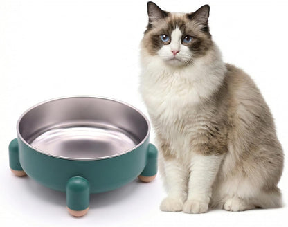Elevated Cat Bowl Stainless Steel - Raised Cat Food Bowl, Anti Vomiting Whisker Friendly Shallow Dish, 3 Cups (24 oz) Non-Slip Dishwasher Safe for Indoor Cats Senior Kitten (Green, 1-Pack)