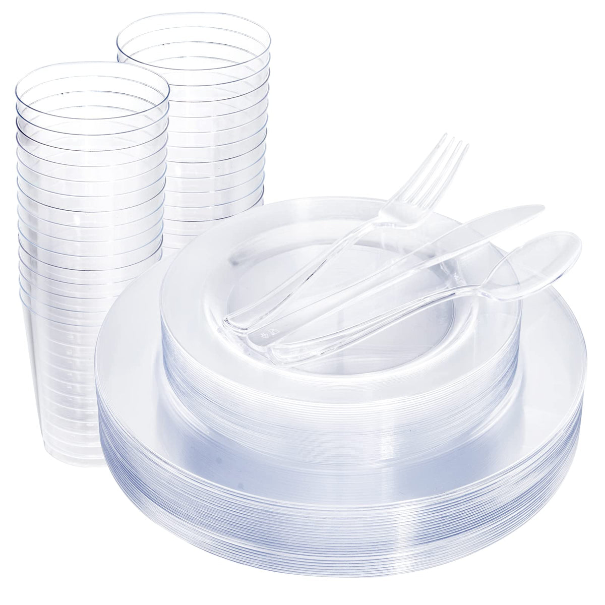 WDF 25 Guest Green Plastic Plates with Disposable Silverware&Green Cups-Neon Clear Plastic Dinnerware include 25 Dinner & Salad Plates,25 Forks, 25 Knives, 25 Spoons,25 Cups for Party
