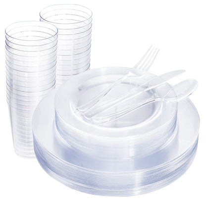 WDF 25 Guest Green Plastic Plates with Disposable Silverware&Green Cups-Neon Clear Plastic Dinnerware include 25 Dinner & Salad Plates,25 Forks, 25 Knives, 25 Spoons,25 Cups for Party