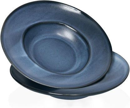 Pasta Plates with Rim 14 oz, Soup Bowl Pasta Bowl Set of 2, Shallow Bowl Plate, Ceramic Wide Rimmed Soup Bowl, Best choice for high-end restaurants, hotels, and foodies,11 Inch Blue