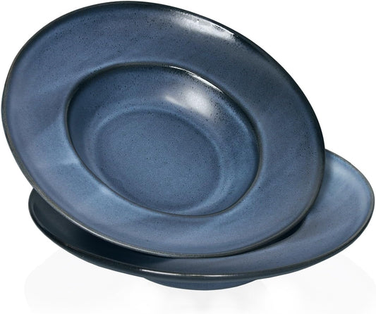 Pasta Plates with Rim 14 oz, Soup Bowl Pasta Bowl Set of 2, Shallow Bowl Plate, Ceramic Wide Rimmed Soup Bowl, Best choice for high-end restaurants, hotels, and foodies,11 Inch Blue
