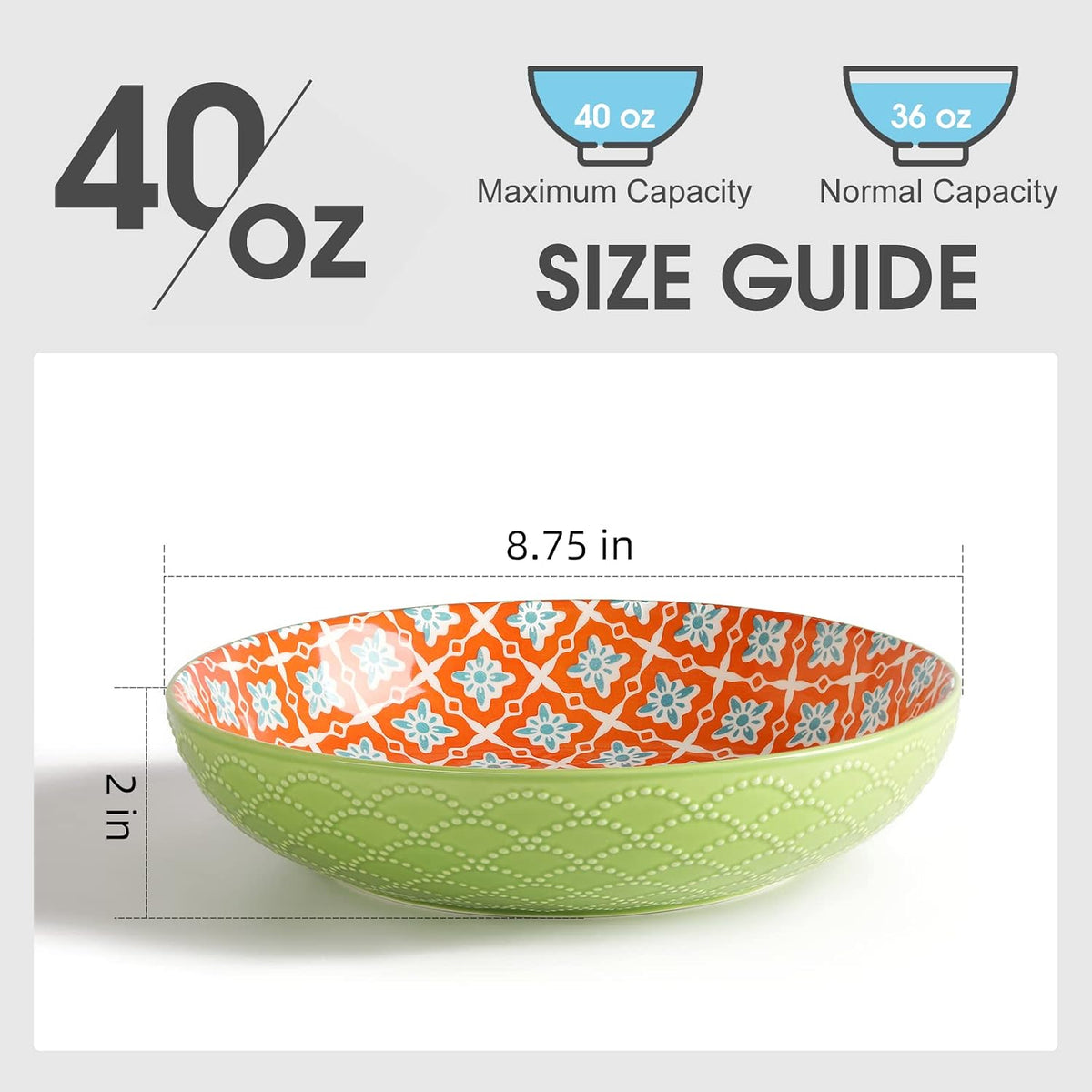 Metahom 8.75" Ceramic Pasta Bowls Set of 4, Colorful Salad Bowls, 40 Oz