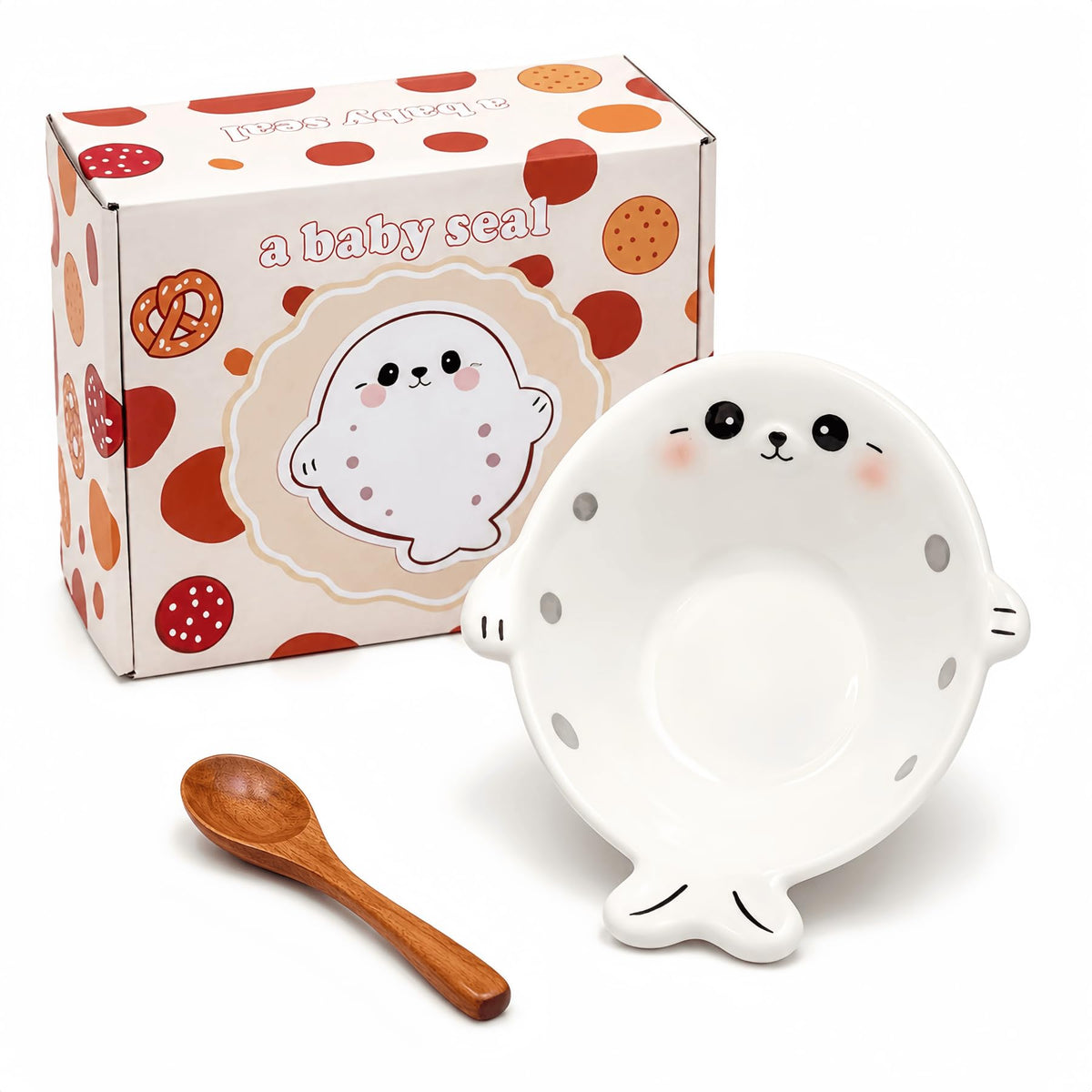 Cute Seal Ceramic Bowl with Wooden Spoon, Ice Cream Bowl, Cream