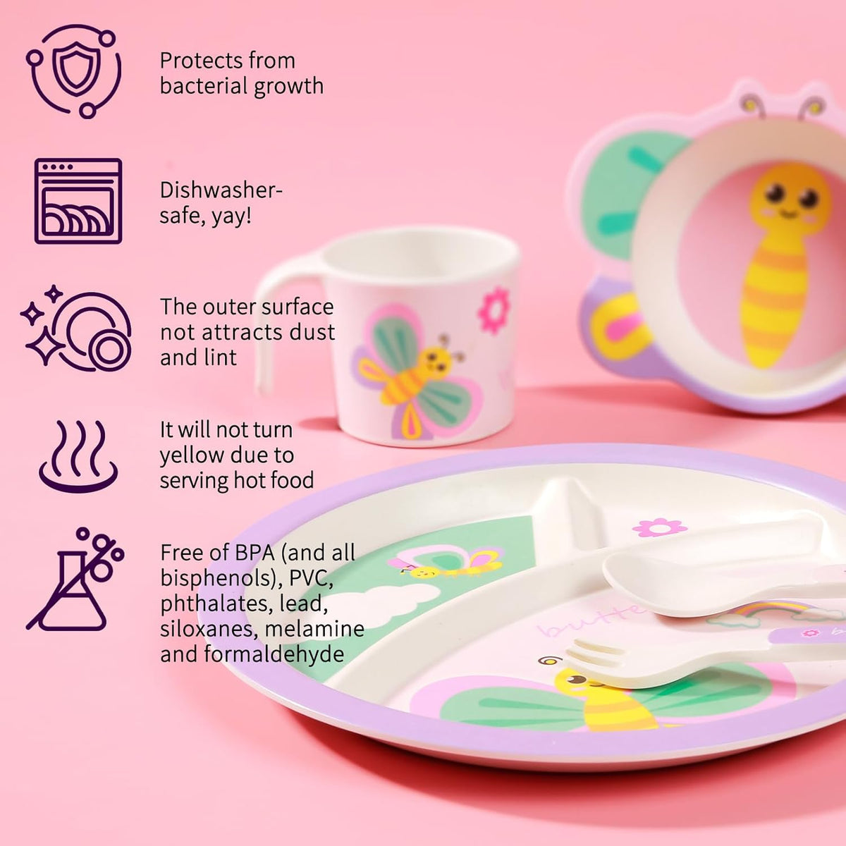 Kids Dinnerware Set, Includes Toddler Plate Bowl Tumbler and Utensils, BPA Free Bamboo Fiber Material Perfect for Little Girls (Purple - Butterfly Theme)