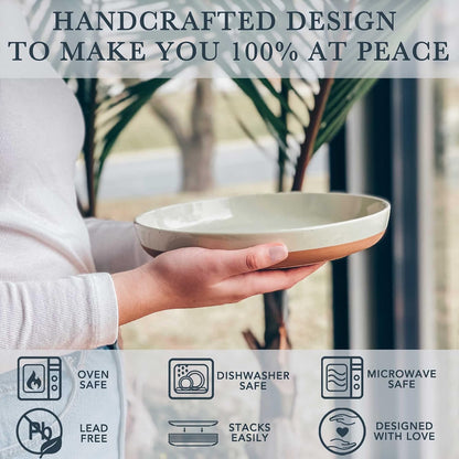 MORA Ceramic Flat Pasta Bowl Set of 4-35oz, Microwave Safe Plate with High Edge - Modern Porcelain Dinnerware for Kitchen and Eating, Large Wide Bowls/Plates for Serving Dinner, Salad, etc- Neutrals
