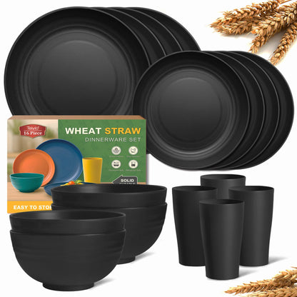 Teivio 16-Piece Kitchen Plastic Wheat Straw Dinnerware Set, Service for 4, Dinner Plates, Dessert Plate, Cereal Bowls, Cups, Unbreakable Plastic Outdoor Camping Dishes,Pink