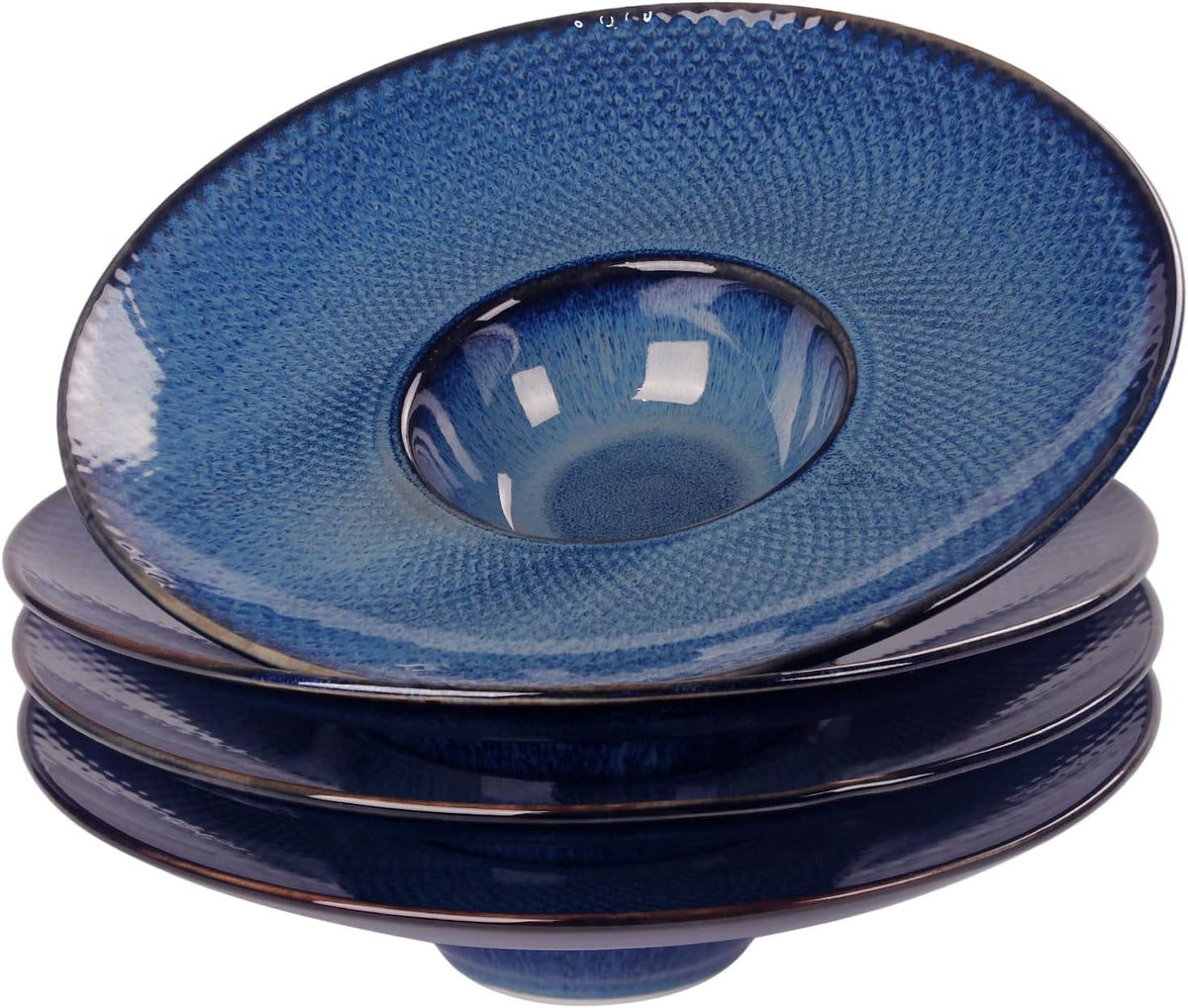 Soup Bowls, Soup Plates, 5.1 oz, Porcelain Pasta Bowl Set of 4, Wide edge Shallow Bowl Plates, Rimmed Bowls with Rim, Best choice for high-end restaurants and foodies,Royal blue 9.8 Inch