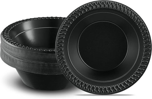 PLASTICPRO 100 PCS Black Plastic Bowls Light Weight 12 oz Plastic Soup Bowls Black Salad Plates Disposable for Party and Wedding