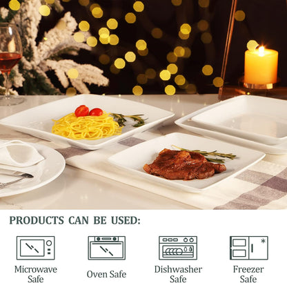 Porcelain Square Dinner Plates, 10.75 Inch Square Serving Plate for Steak, Pasta, Salad, Snacks, Pizza, Appetizer Plates, Set of 6, White
