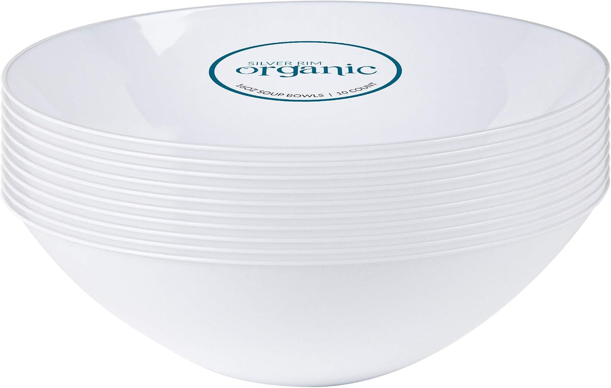 [16 OZ 40 Count] White Plastic Organic Party Soup bowls With Silver Rim Premium heavyweight Elegant Disposable Tableware Dishes