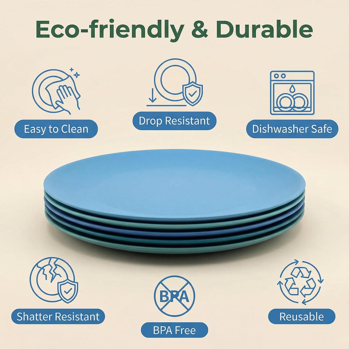 Wheat Straw Plate set 8, 10-inch Reusable Plastic Plates Blue Teal