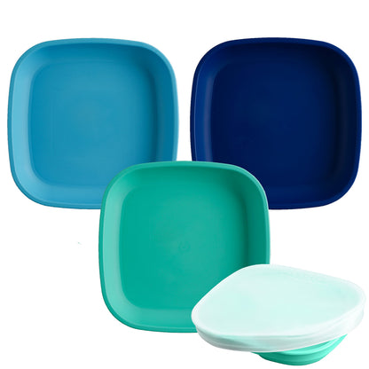 Re-Play Toddler Plates - 22 Oz. Deep-Walled Flat Kids Plates - Dishwasher & Microwave Safe - Made in USA - Set of 3-7.37" x 7.37" x 1.25" - True Blue