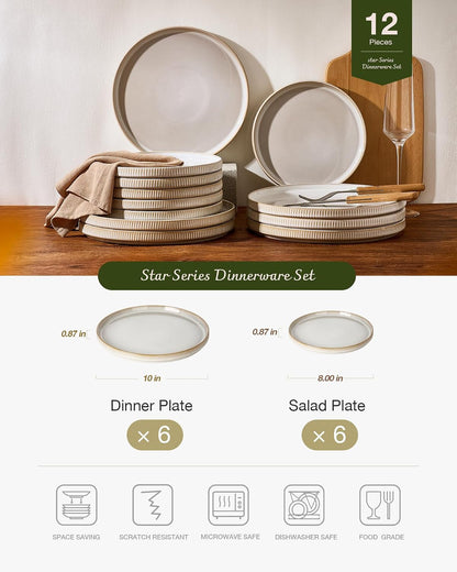 Famiware 12pc Ceramic Flat Plates, Scratch-Resistant Dinnerware Sets for 6