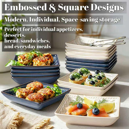 Artena Ceramic Square Dessert Plates Set of 4, 6 Inch Embossed Appetizer Plates for Snack, Bread, Sauce & Side Dish – Microwave & Dishwasher Safe, Scratch Resistant, White, Damask Floral