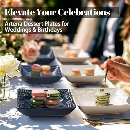 Artena Ceramic Square Dessert Plates Set of 4, 6 Inch Embossed Appetizer Plates for Snack, Bread, Sauce & Side Dish – Microwave & Dishwasher Safe, Scratch Resistant, White, Damask Floral