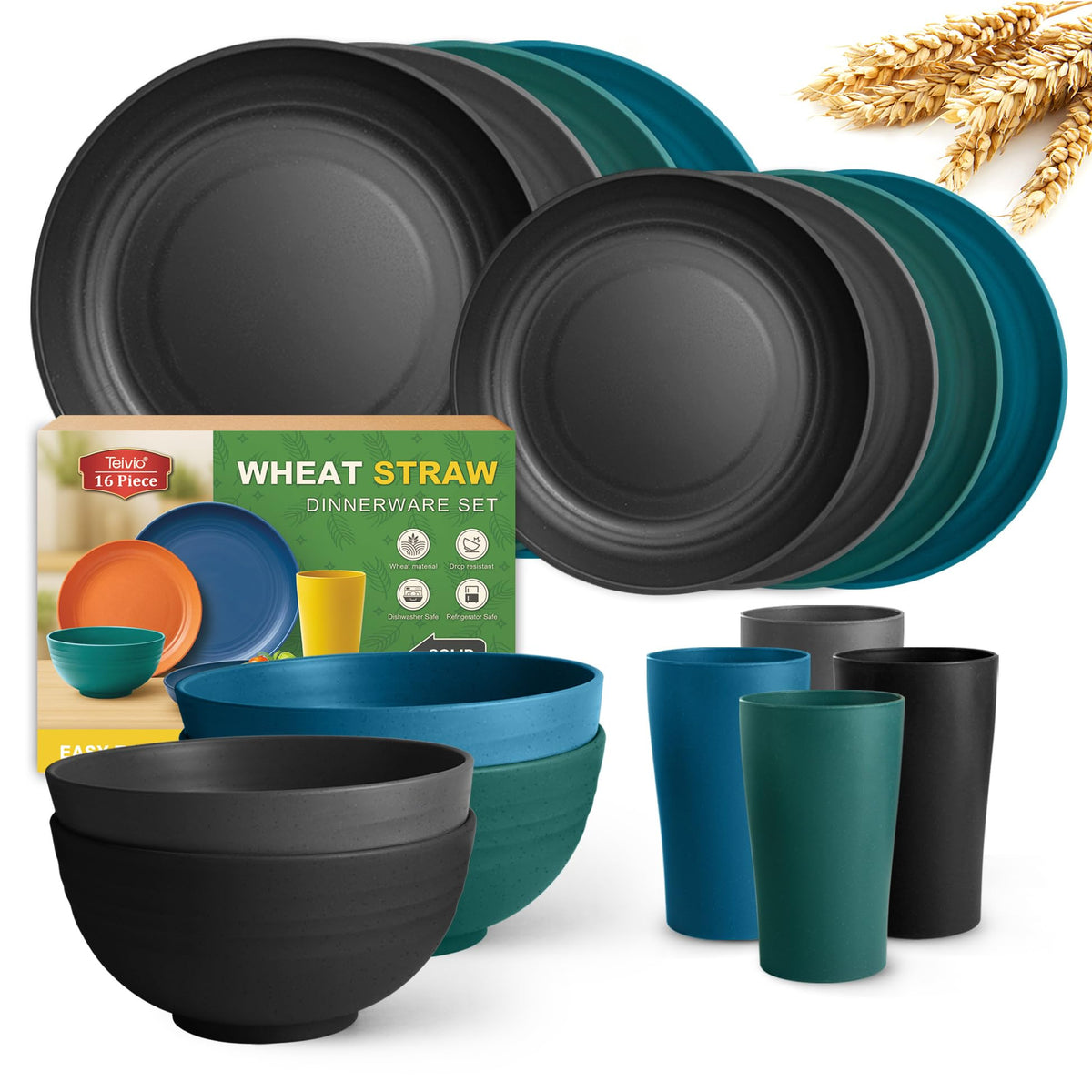 Teivio 16-Piece Kitchen Plastic Wheat Straw Dinnerware Set, Service for 4, Dinner Plates, Dessert Plate, Cereal Bowls, Cups, Unbreakable Plastic Outdoor Camping Dishes,Pink