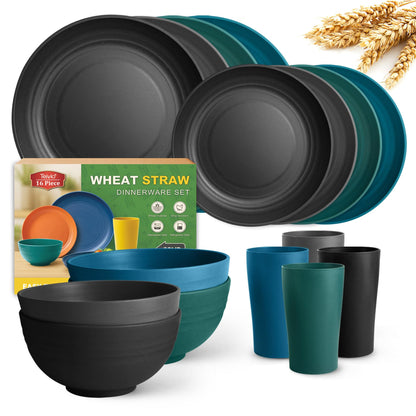 Teivio 16-Piece Kitchen Plastic Wheat Straw Dinnerware Set, Service for 4, Dinner Plates, Dessert Plate, Cereal Bowls, Cups, Unbreakable Plastic Outdoor Camping Dishes,Pink