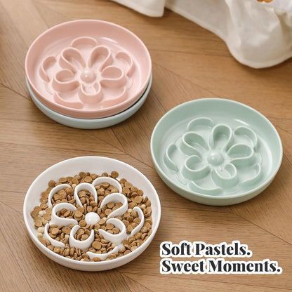 Melamine Cat Slow Feeder Bowl Set - Floral Maze Food Dishes for Cats and Small Dogs - Shallow Wide Plates for Dry & Wet Food - 3 Pack - White & Green & Blue