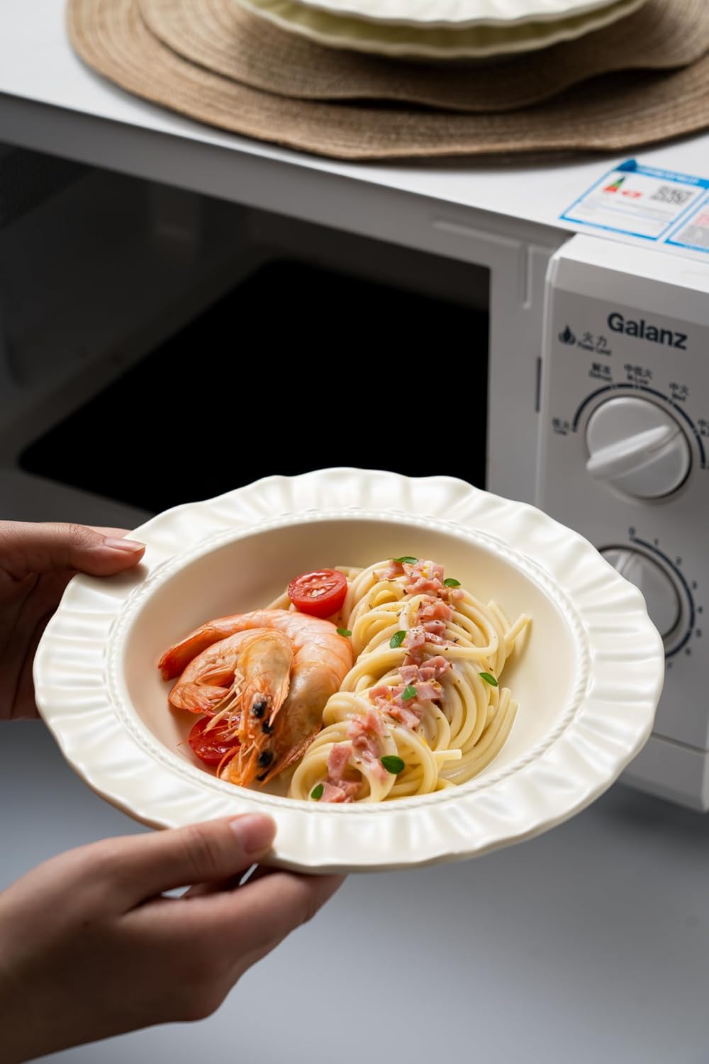 8.6" Ceramic Wide Rim Soup Bowls Set of 2, Cream Color Embossed