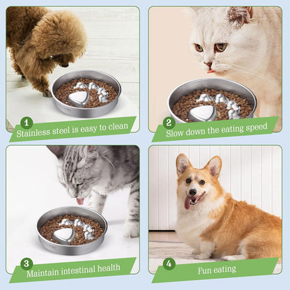 Stainless Steel Slow Feeder Dog Bowls – Non-Slip Metal Dog Bowl for Large & Medium Breeds, Puppy Puzzle Feeder – 2 Cup Capacity for Small to Big Pets – Durable Slow Feed Dog & Cat Food Dish