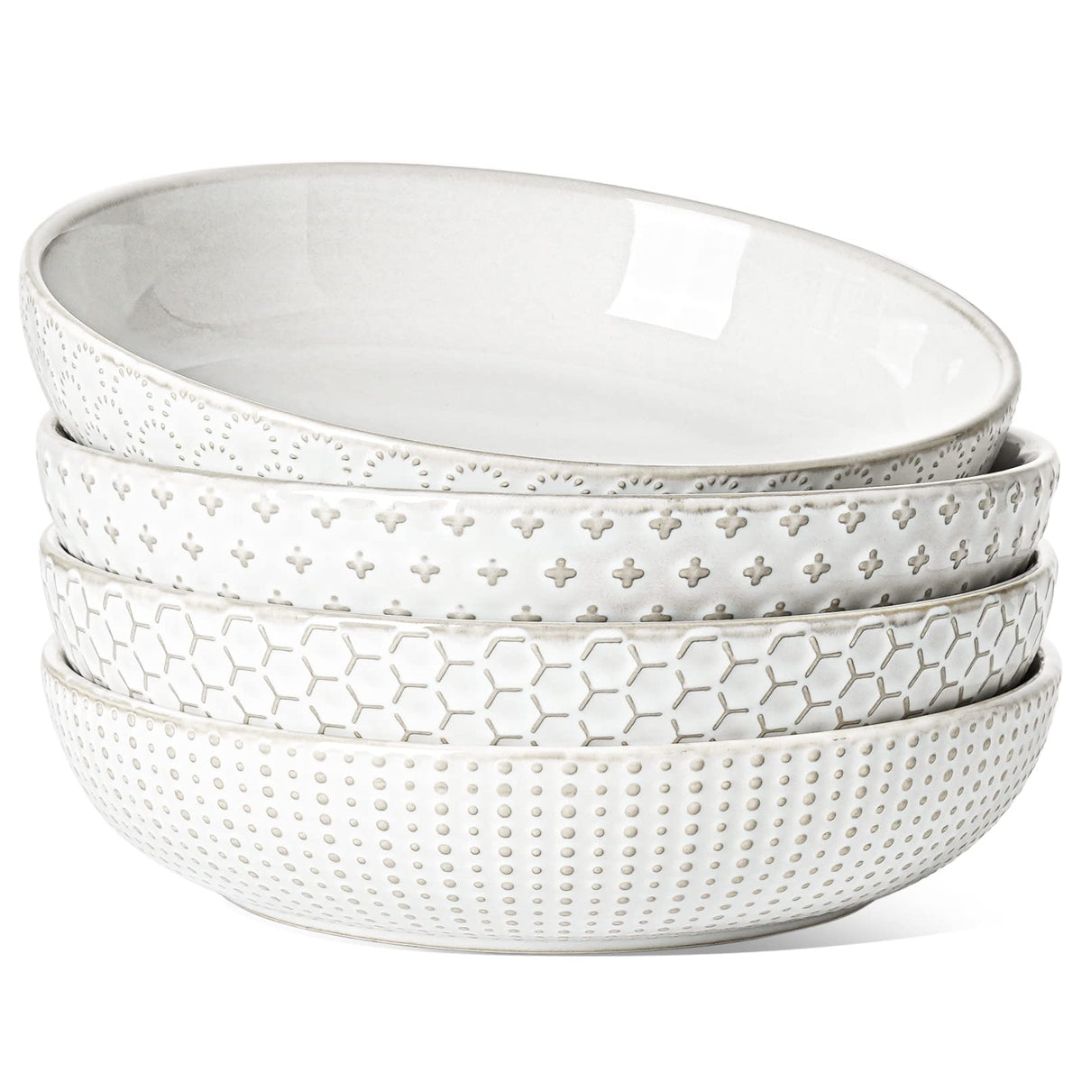 LE TAUCI Pasta Bowls 42oz, Large Salad Bowl, Ceramic Embossment Stoneware Serving Plate for Fruits, Noodle, Dinner, House-warming Wedding Present - 9 Inch, Set of 4, Arctic White