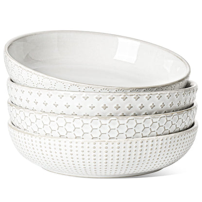 LE TAUCI Pasta Bowls 42oz, Large Salad Bowl, Ceramic Embossment Stoneware Serving Plate for Fruits, Noodle, Dinner, House-warming Wedding Present - 9 Inch, Set of 4, Arctic White