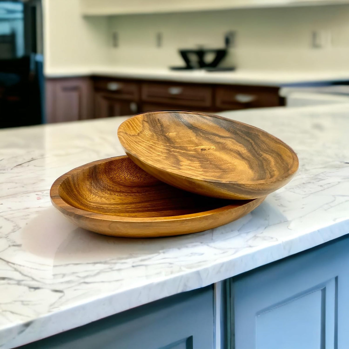 Acacia Wood Oval Shallow Bowls, Set of 2, Salad, Fruit, Bread & Snack Bowls
