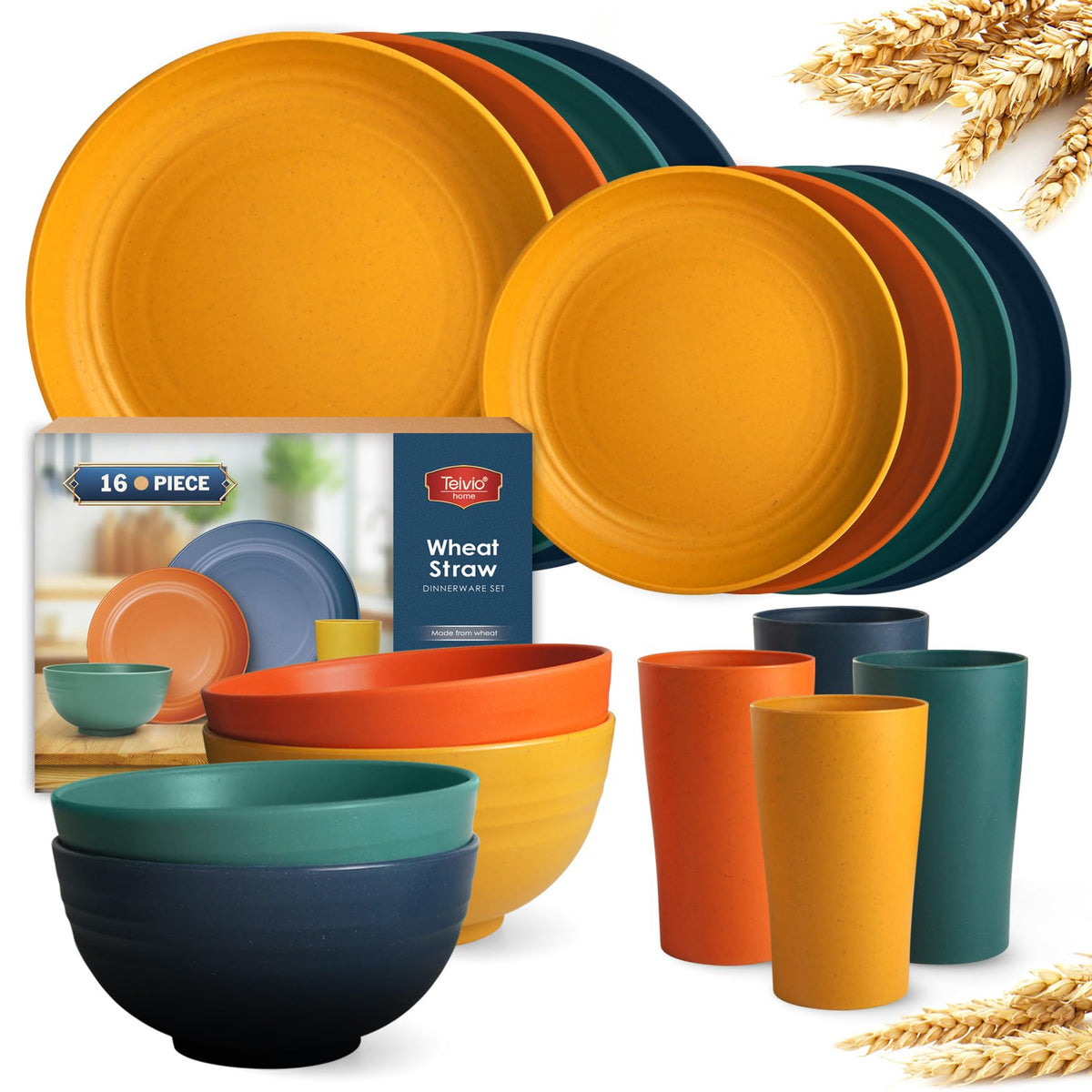 Teivio 16-Piece Kitchen Plastic Wheat Straw Dinnerware Set, Service for 4, Dinner Plates, Dessert Plate, Cereal Bowls, Cups, Unbreakable Plastic Outdoor Camping Dishes,Pink