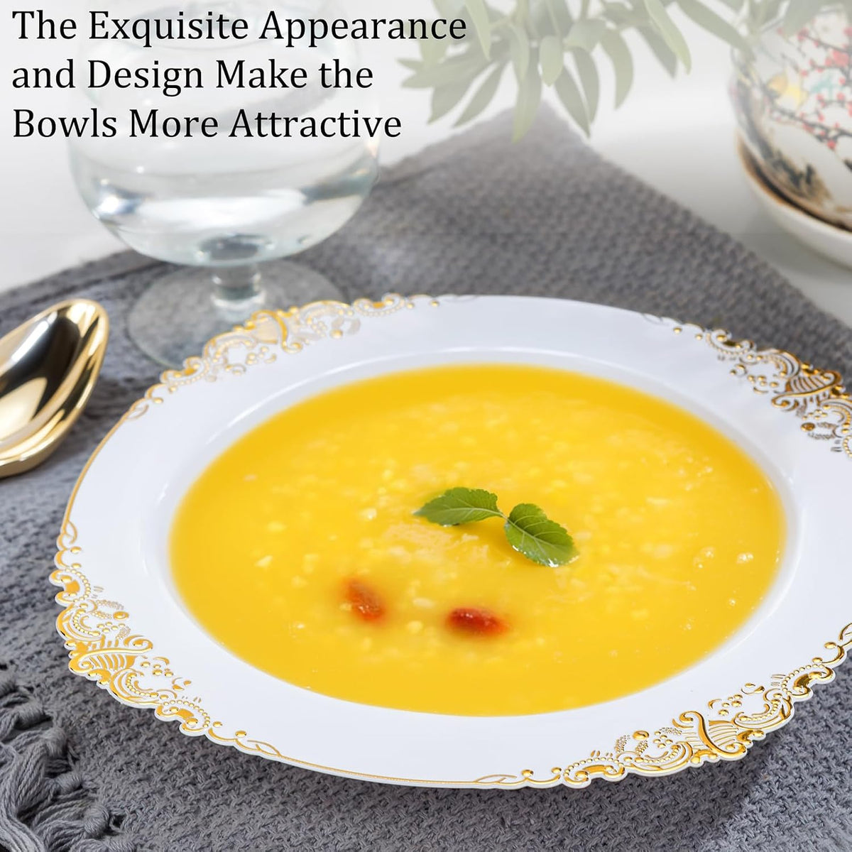 Nervure 50PCS White Plastic Bowls with Gold Rim - 12oz Disposable Soup Bowl