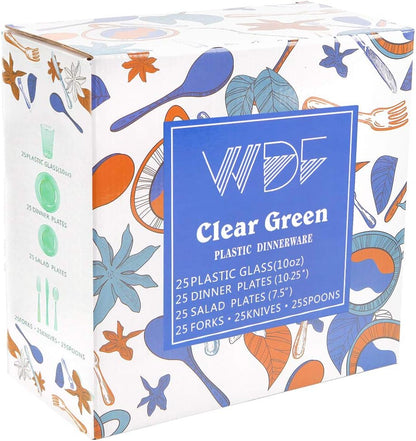 WDF 25 Guest Green Plastic Plates with Disposable Silverware&Green Cups-Neon Clear Plastic Dinnerware include 25 Dinner & Salad Plates,25 Forks, 25 Knives, 25 Spoons,25 Cups for Party